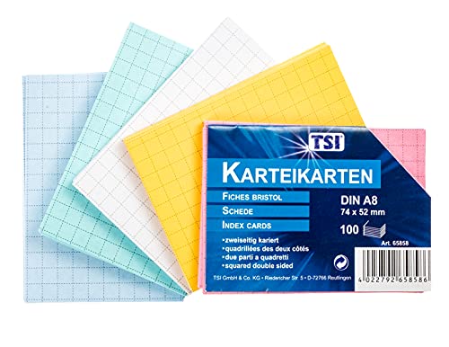 TSI Karteikarten farbig sortiert, 100er Packung, kariert, Größe: DIN A8 (74 x 52 mm), Art. Nr. 65858 von TSI