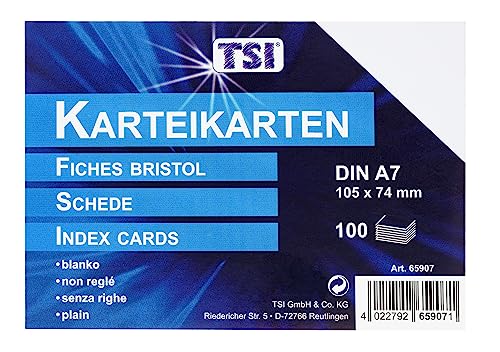 TSI Karteikarten weiß, 100er Packung, blanko, Größe: DIN A7 (105 x 74 mm), Art. Nr. 65907 von TSI