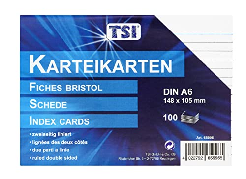 TSI Karteikarten weiß, 100er Packung, liniert, Größe: DIN A6 (148 x 105 mm), Art. Nr. 65996 von TSI