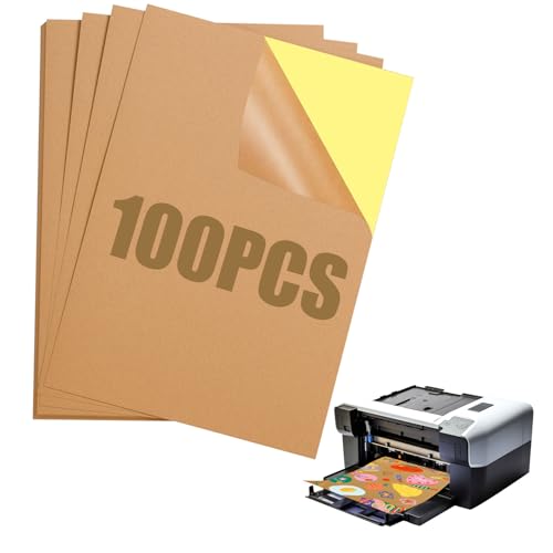 100 Stück A4 Kraftpapier Selbstklebendes Aufkleber Etiketten Braune Kopierpapier stickerpapier zum Bedrucken für Laser Bedrucken, Tintenstrahldruck, Kopiererdruck, 70g Kraftpapier von TSKDKIT