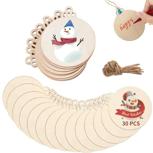 TSKDKIT 30 Stück Weihnachten Deko Holz Anhänger Runde Holzscheiben Weihnachten Holz Ornamente für Weihnachten Dekoration Handwerke Basteln Bemalen Scrapbook von TSKDKIT