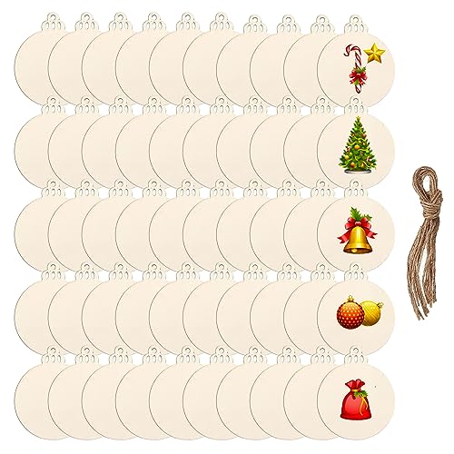 TSKDKIT 50 Stück Weihnachten Deko Holz Anhänger Runde Holzscheiben Weihnachten Holz Ornamente für Weihnachten Dekoration Handwerke Basteln Bemalen Scrapbook von TSKDKIT