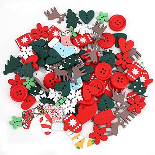 100 Stück Weihnachten Holzknöpfe Nähen Handwerk Knöpfe Mini Weihnachtssocken Schneeflocke Herz Weihnachtsbaum Gemischte Muster für DIY Scrapbooking Knöpfe Weihnachtsdekoration von TSLBW