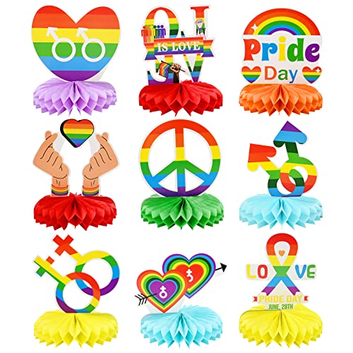 9 Stück Stolz Wabe Mittelstücke Set Pride Rainbow Honeycomb Papier LGBT Gay Pride Day Dekorationen Love is Love Regenbogen Tisch Dekoration für Regenbogen Party Deko von TSLBW