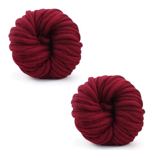 Grobes Garn, 250 g × 2, Strickwolle, grobes Garn, 12 mm, weiches Strickgarn für Häkelgarnprojekte, handgefertigte Taschen, Hüte, Decken, Kissen, Katzenbett, Burgunderrot von TSLBW