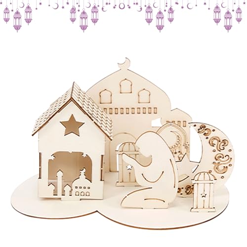 Holz Eid Mubarak Dekoration Eid Mubarak Puzzle Tischdekorationen Eid Assembly 3D Schloss Puzzle Holz Ramadan Tisch Mittelstück Ornament für muslimischen Islam Zuhause Tischdekoration Geschenke (A) von TSLBW