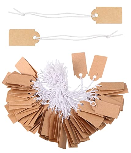 200 Stück Anhänger Etiketten, Kraftpapier Preis Anhänger, Braun Preisschilder Handmade Hängeetiketten mit Elastischer Schnur für Geschenkanhänger Weihnachten Kleidung Schmuck Display（26 x 12mm） von TSLRSA