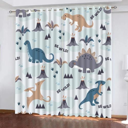 TSMMB Cartoon Dino Vorhang Kinderzimmer,Verdunkelungsvorhänge Mit Ösen 2Er Set,Gardinen Blickdicht Kurz Mit Muster,Vorhang Wohnzimmer Schlafzimmer Modern Blau,100X140Cm(HxB),A19 von TSMMB