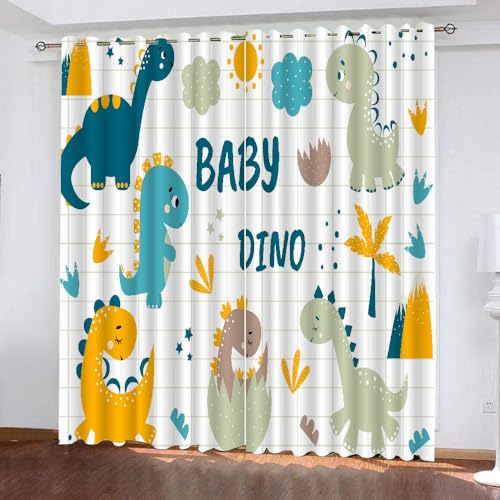 TSMMB Cartoon Dino Vorhang Kinderzimmer,Verdunkelungsvorhänge Mit Ösen 2Er Set,Gardinen Blickdicht Kurz Mit Muster,Vorhang Wohnzimmer Schlafzimmer Modern Blau,160X140Cm(HxB),A6 von TSMMB