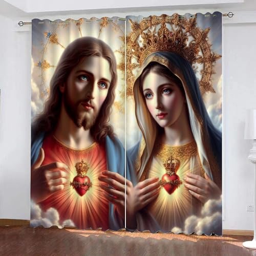 TSMMB Vorhang Blickdicht Kinderzimmer 3D Motiv Religion Jesus Und Jungfrau Maria,Verdunkelungsvorhänge Thermovorhang Ösen Kurz 2Er Set,Wohnzimmer Schlafzimmer Gardinen Modern,140X120Cm(Hxb),C18 von TSMMB