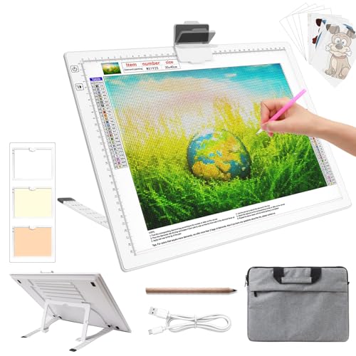 Leuchttisch A3 mit Taschen, Wiederaufladbare Diamond Painting Leuchtplatte mit Ständer, 3 Farben Stufenlos Dimmbar 6 Stufen Helligkeit Light Pad, Tragbare LED Leuchtkästen für Abpausen(Weiß) von TSOCOS