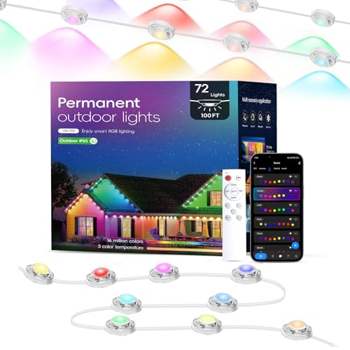 TSOCOS Permanent Außenbeleuchtung, 100ft Smart Outdoor Lights mit 72 LED Lichtern, IP65 Wasserdichte Outdoor String Lights mit Fernbedienung, RGB Trauflichter für Halloween Dekorationen, Weihnachten von TSOCOS