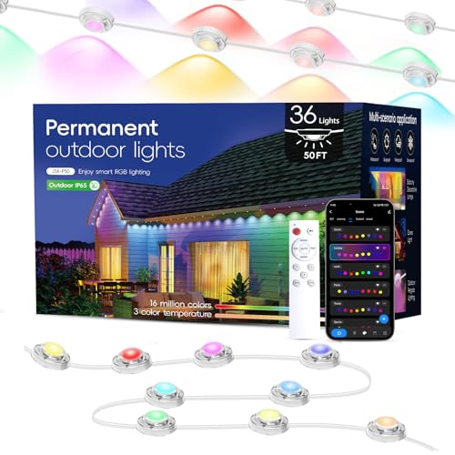 TSOCOS Permanent Außenbeleuchtung, 50ft Smart Outdoor Lights mit 36 LED Lichtern, IP65 Wasserdichte Outdoor String Lights mit Fernbedienung, RGB Trauflichter für Halloween Dekorationen, Weihnachten von TSOCOS