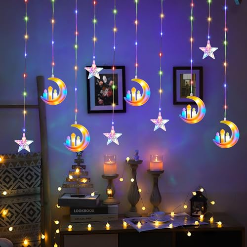 TSNQW 95 LED Ramadan Lichterkette, 3M Eid Mubarak Ramadan Dekoration Lights, 8 Modi Ramadan Stern Mond & Schloss Deko Licht mit Fernbedienung, Batterie & USB betriebene Ramadan Lichterkette (Farbig) von TSQNW