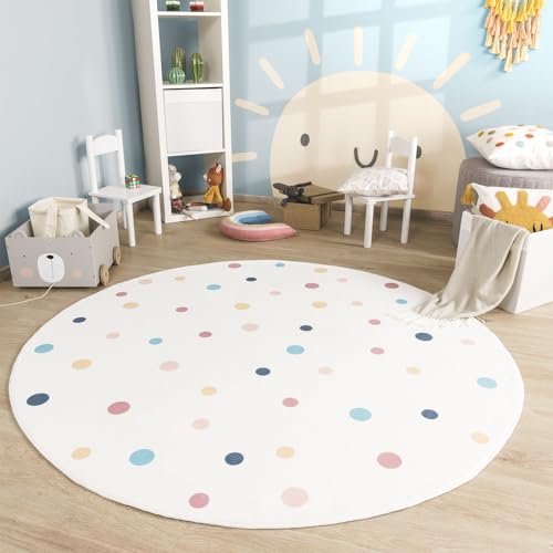 TT Home Babyzimmer Teppich Rund Kinderzimmer Waschbar Regenbogen Sonne, Farbe:Beige Blau Gelb, Größe:160 cm Rund von TT Home