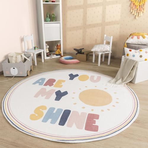 TT Home Babyzimmer Teppich Rund Kinderzimmer Waschbar Regenbogen Sonne, Farbe:Blau Gelb Creme, Größe:120 cm Rund von TT Home