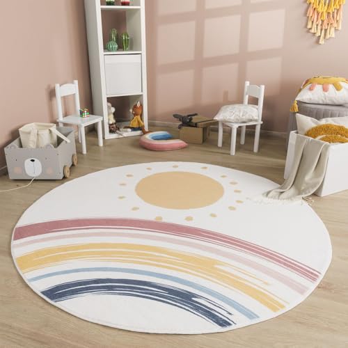 TT Home Babyzimmer Teppich Rund Kinderzimmer Waschbar Regenbogen Sonne, Farbe:Blau Gelb Pink, Größe:100 cm Rund von TT Home