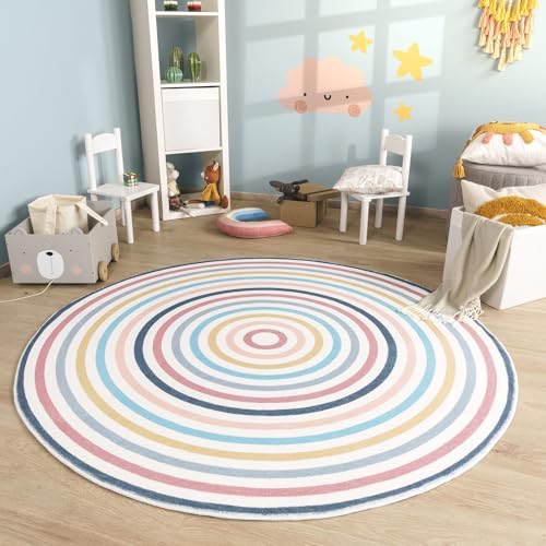 TT Home Babyzimmer Teppich Rund Kinderzimmer Waschbar Regenbogen Sonne, Farbe:Grau Blau Gelb, Größe:100 cm Rund von TT Home