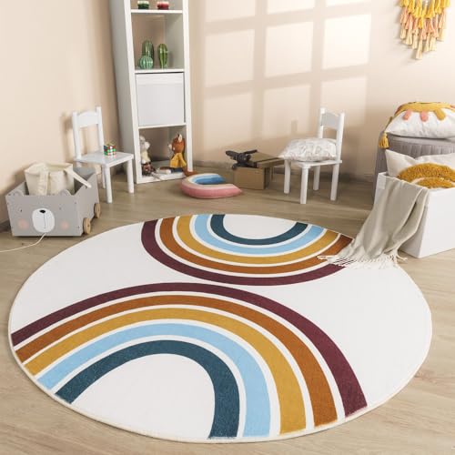 TT Home Babyzimmer Teppich Rund Kinderzimmer Waschbar Regenbogen Sonne, Farbe:Rot Beige Blau, Größe:120 cm Rund von TT Home