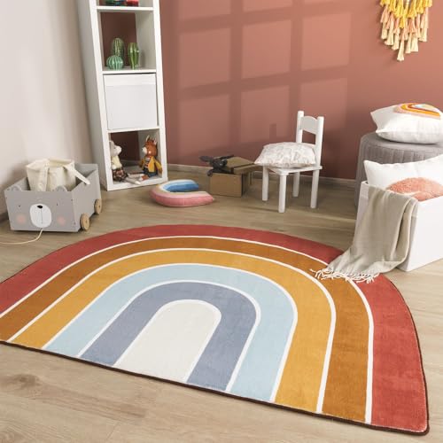 TT Home Babyzimmer Teppich Rund Kinderzimmer Waschbar Regenbogen Sonne, Farbe:Rot Blau Gelb, Größe:120x160 cm Regenbogen-Form von TT Home