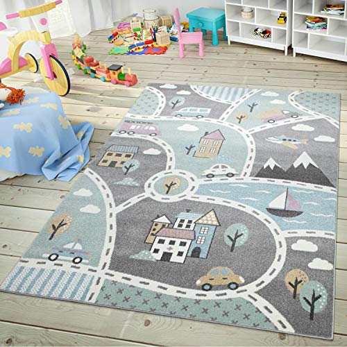 TT Home Kinder-Teppich, Spiel-Teppich Für Kinderzimmer, Mit Straßen-Motiv, In Grün Grau, Größe:160x220 cm von TT Home