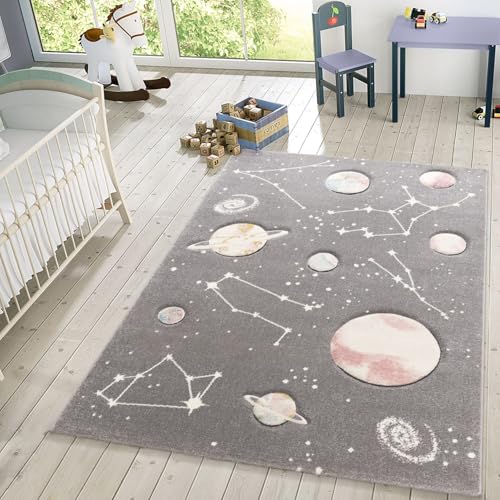 TT Home Kinder-Teppich, Spiel-Teppich Mit Planeten Und Sternen, Für Kinderzimmer In Grau, Größe:140x200 cm von TT Home