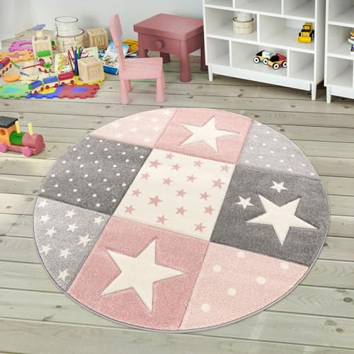 TT Home Kinderteppich Teppich Kinderzimmer Mädchen Kinder 3D Prinzessin Sterne Krone, Farbe: Pink 3, Größe:160 cm Rund von TT Home