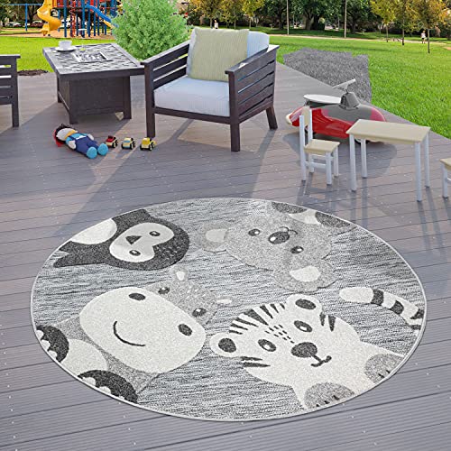 TT Home Kinderzimmer Kinder Outdoor Teppich Rund Spielteppich Tier Design Grau, Größe:Ø 200 cm Rund von TT Home