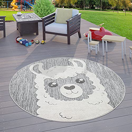 TT Home Kinderzimmer Outdoor Teppich Kinder Rund Spielteppich 3D Optik Lama Grau, Größe:Ø 120 cm Rund von TT Home