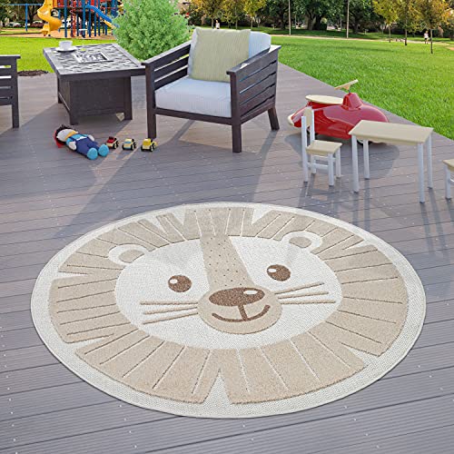 TT Home Kinderzimmer Outdoor Teppich Kinder Rund Spielteppich 3D Optik Löwe Beige, Größe:Ø 120 cm Rund von TT Home