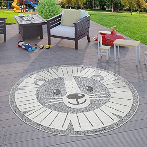 TT Home Kinderzimmer Outdoor Teppich Kinder Rund Spielteppich 3D Optik Löwe Grau, Größe:Ø 160 cm Rund von TT Home