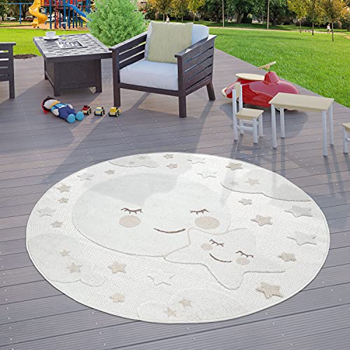 TT Home Kinderzimmer Outdoor Teppich Kinder Rund Spielteppich 3D Optik Mond Beige, Größe:Ø 160 cm Rund von TT Home