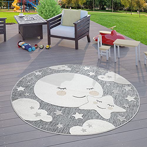 TT Home Kinderzimmer Outdoor Teppich Kinder Rund Spielteppich 3D Optik Mond Grau, Größe:Ø 200 cm Rund von TT Home