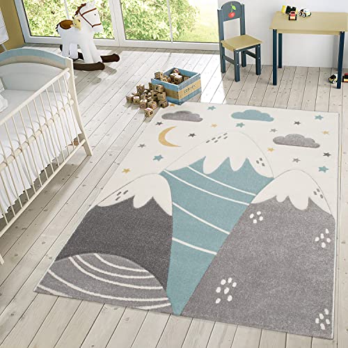 TT Home Kinderzimmerteppich Junge Mädchen Kinderteppich Wolken 3D Optik Sterne Berge, Farbe:Creme, Größe:140x200 cm von TT Home