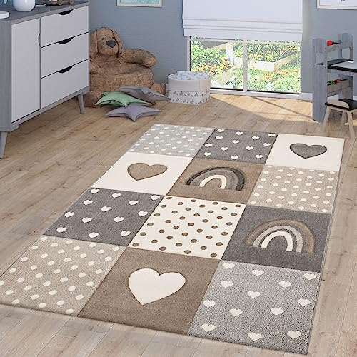 TT Home Kinderzimmerteppich Teppich Junge Mädchen Kinderteppich Baby Regenbogen Motiv, Farbe: Beige 3, Größe:140x200 cm von TT Home