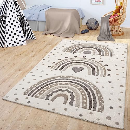 TT Home Kinderzimmerteppich Teppich Junge Mädchen Kinderteppich Baby Regenbogen Motiv, Farbe:Beige, Größe:140x200 cm von TT Home