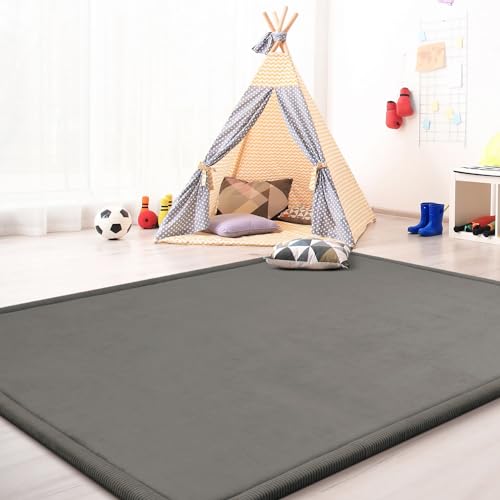 TT Home Krabbelmatte Babyzimmer Teppich Spielmatte Kinder Unifarben rutschfest Flauschig, Farbe: Grau, Größe:100x200 cm von TT Home