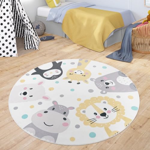 TT Home Rund Kinderzimmer Teppich Kinderteppich Waschbar Tiere Zoo Lama Pinguin Löwe Bär, Farbe:Beige, Größe:120 cm Rund von TT Home