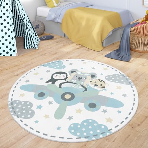 TT Home Runder Teppich Kinderzimmer Kinderteppich Waschbar Tiere Tiger Koala Bär Pinguin, Farbe:Beige, Größe:120 cm Rund von TT Home