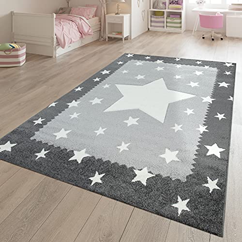 TT Home Spielteppich Kinderzimmer Weiß Grau Stern Muster Bordüre 3-D Effekt Kurzflor, Größe:120x170 cm von TT Home