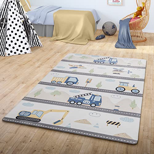 TT Home Teppich Kinder Kinderzimmer Kinderteppich Babymatte Straße Auto Wolke Berg, Farbe: Grau Weiß Gelb, Größe:120x160 cm von TT Home