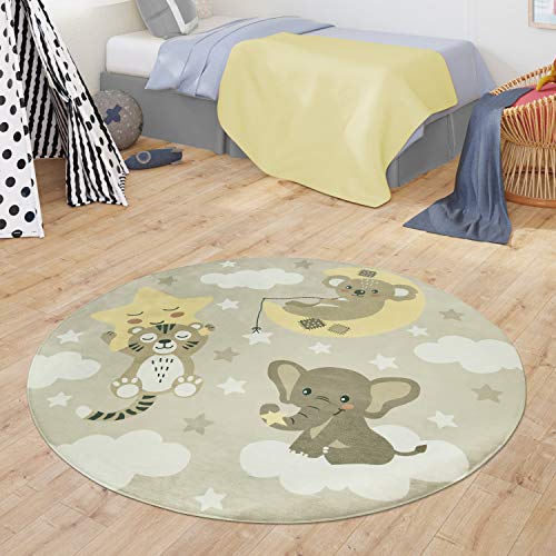 TT Home Teppich Kinderzimmer Kinderteppich Babymatte Koala Elefant Wolken Sterne Himmel Mond, Farbe:Beige, Größe:Ø 120 cm Rund von TT Home