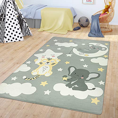 TT Home Teppich Kinderzimmer Kinderteppich Babymatte Koala Elefant Wolken Sterne Himmel Mond, Farbe:Grau, Größe:120x160 cm von TT Home