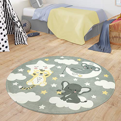 TT Home Teppich Kinderzimmer Kinderteppich Babymatte Koala Elefant Wolken Sterne Himmel Mond, Farbe:Grau, Größe:Ø 150 cm Rund von TT Home