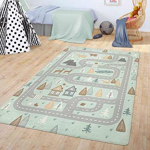 Teppich Kinderzimmer Kinderteppich Babymatte Straßen Motiv Tiere Wald Haus Junge, Farbe:Türkis, Größe:155x230 cm von TT Home