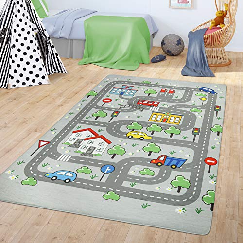 TT Home Teppich Kinderzimmer Spielteppich Babymatte Junge Straßenteppich Auto Stadt, Farbe:Grau, Größe:120x160 cm von TT Home