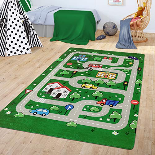 TT Home Teppich Kinderzimmer Spielteppich Babymatte Junge Straßenteppich Auto Stadt, Farbe:Grün, Größe:80x150 cm von TT Home