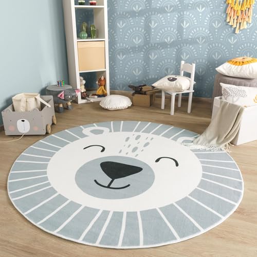 TT Home Waschbarer Kinderteppich Teppich Kinderzimmer Rund Spielteppich Löwe Bär Muster, Farbe:Grau, Größe:100 cm Rund von TT Home