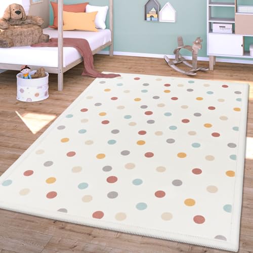 TT Home Waschbarer Teppich Krabbelmatte Babyzimmer Kinder rutschfest Flauschig Punkte, Farbe:Blau Gelb Creme, Größe:140x200 cm von TT Home