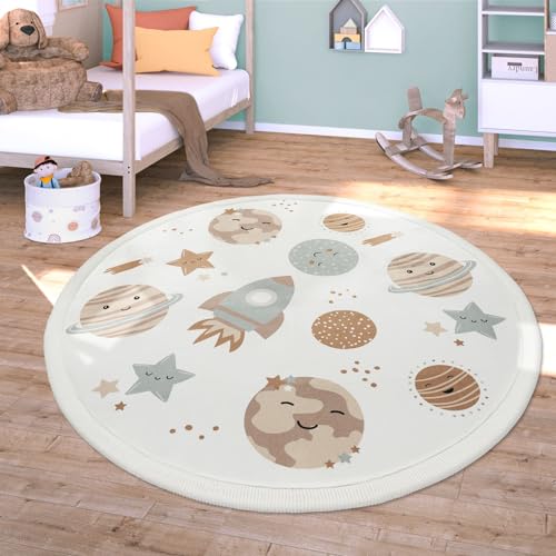 TT Home Waschbarer Teppich Krabbelmatte Babyzimmer Kinder rutschfest Flauschig Punkte, Farbe:Braun Creme, Größe:160 cm Rund von TT Home